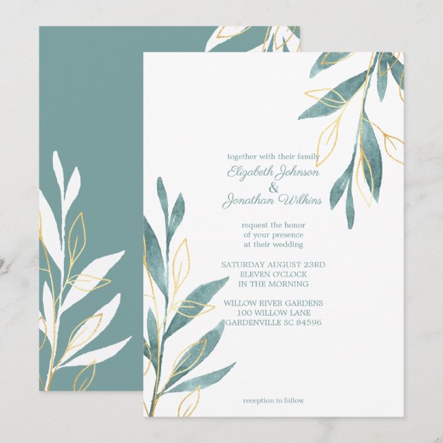 Golden Green Watercolor Floral Wedding Invitation (Front/Back)