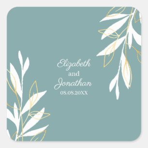 Golden Green Watercolor Floral Wedding Square Sticker