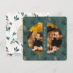 Golden Greenery Teal Blessed Two Photo Holiday Card