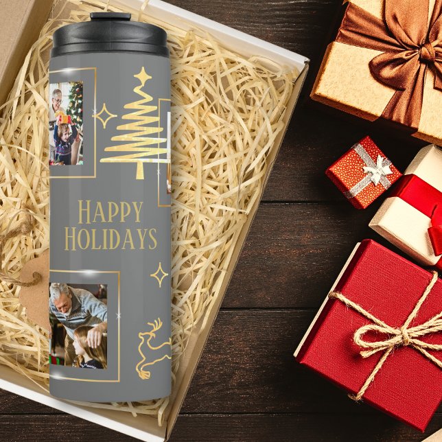 Golden Grey 5 Photo Template Christmas Tree Thermal Tumbler (Creator Uploaded)