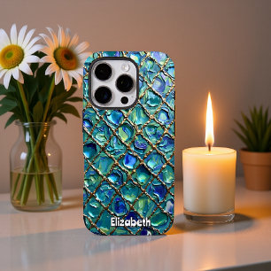 Golden Grid on Blue Mosaic Background iPhone 16 Pro Case