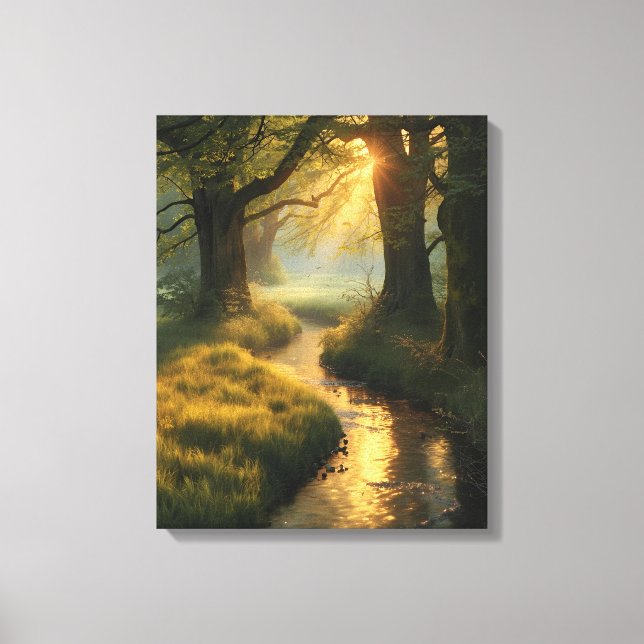 Golden Grove Sunrise – Tranquil Sunlit Forest Stre Canvas Print (Front)