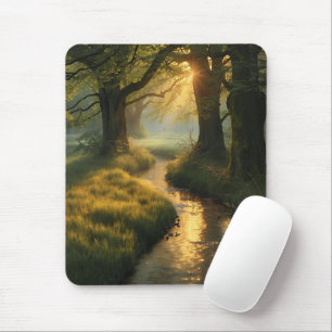 Golden Grove Sunrise – Tranquil Sunlit Forest Stre Mouse Pad