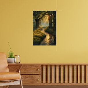 Golden Grove Sunrise – Tranquil Sunlit Forest Stre Poster