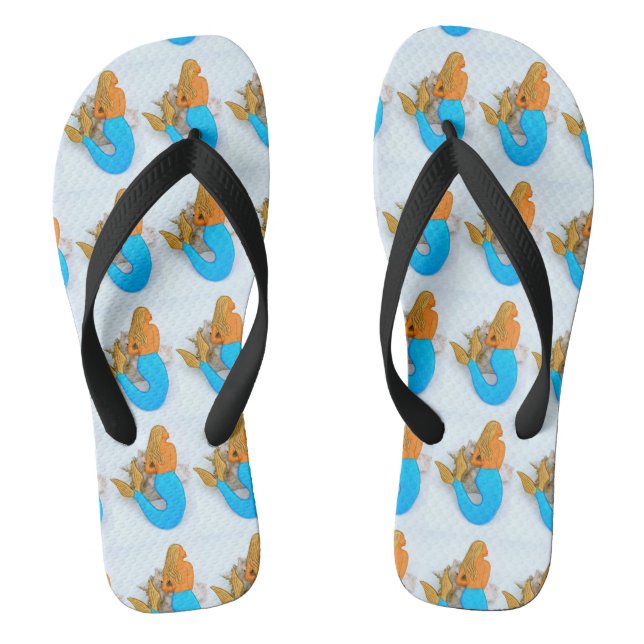 golden-haired  blue-tailed mermaids flip flops (Footbed)