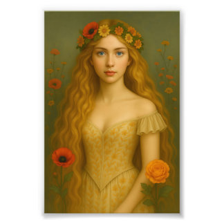 "Golden-Haired Girl with Flower Crown – Elegant Ro Photo Print
