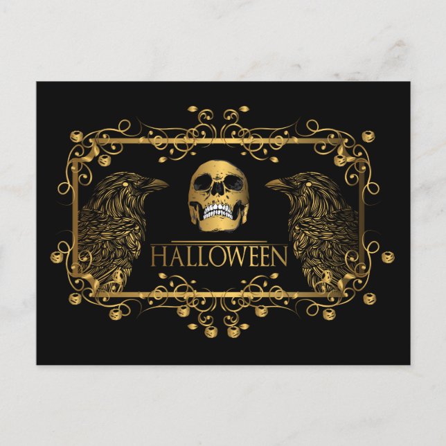 Golden Halloween Skull Ravens Postcard (Front)