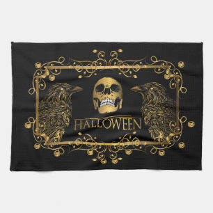 Golden Halloween Skulls Ravens Kitchen Towel