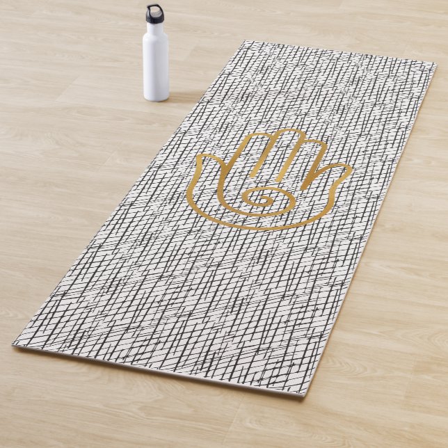 Golden Hamsa Hand Symbol on Black Pattern Yoga Mat (In Situ)