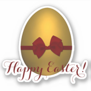 Golden Happy Easter Egg with Red Bow