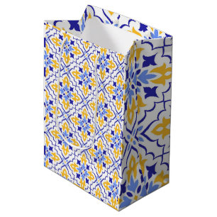 Golden Harmony Blue Floral Mosaic Elegant  Medium Gift Bag