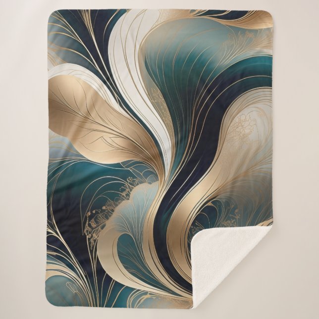 Golden Harmony - Teal and Gold Abstract Sherpa Blanket (Front)