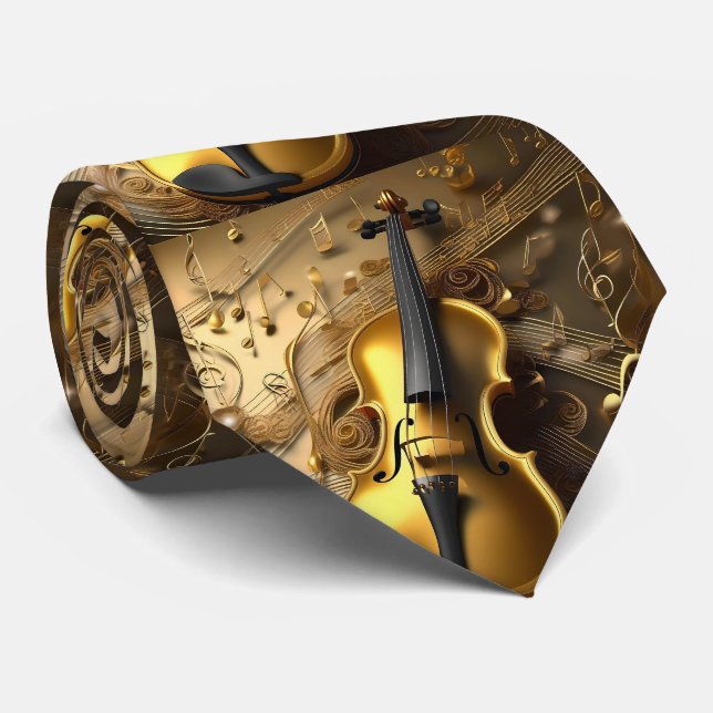 Golden Harmony: Vintage Violin on Shimmering Notes Tie (Rolled)