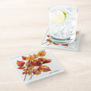 Golden Harvest Leaves: Fall Watercolor, custom Glass Coaster