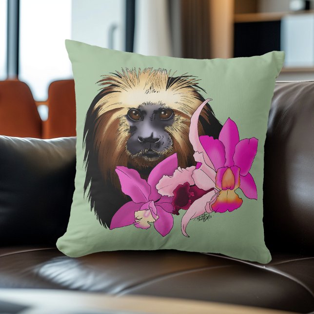 Golden-Headed Lion Tamarin Monkey Throw Pillow (Creator Uploaded)