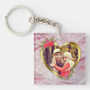 Golden Heart And Beautiful Roses Flowers Keychain