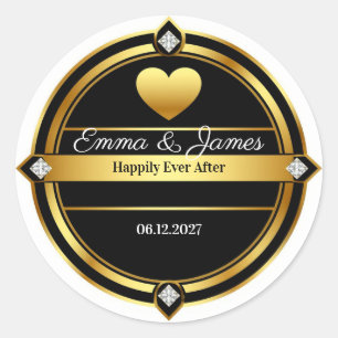 👑 Golden Heart Crest Wedding Favour Gift 💍 Classic Round Sticker
