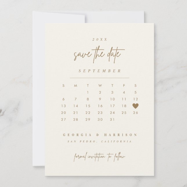 Golden Heart Save The Date Calendar Photo Card (Front)
