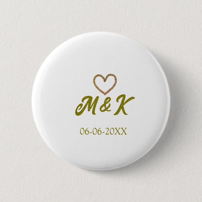 Golden heart wedding couple name letter modern  2 inch round button (Front)