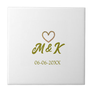 Golden heart wedding couple name letter modern  tile
