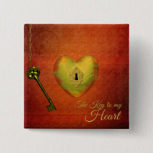 Golden Heart with Key 2 Inch Square Button