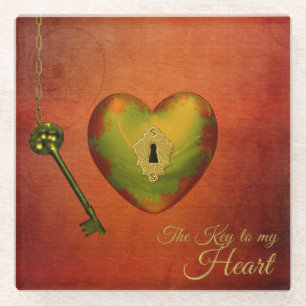 Golden Heart with Key Glass Coaster