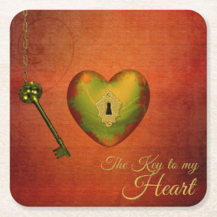 Golden Heart with Key - Paper Coaster
