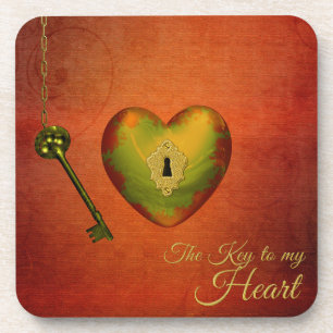 Golden Heart with Key - Plastic Coaster
