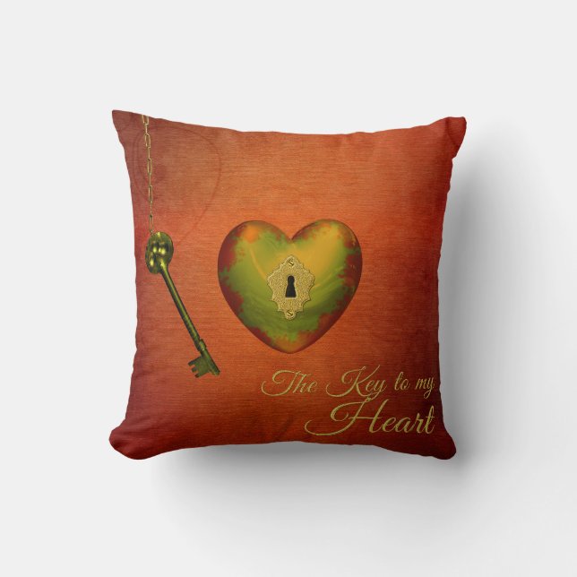 Golden Heart with Key Throw Pillow (Front)