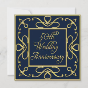 Golden Hearts On Blue 50th Wedding Anniversary Invitation
