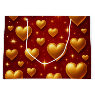 Golden Hearts on Red with Stars Large Gift Bag