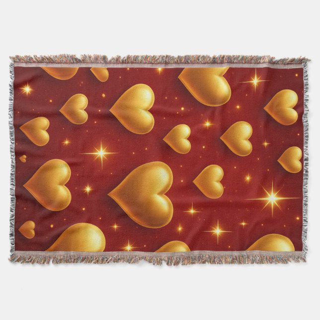 Golden Hearts on Red with Stars Throw Blanket (Front)