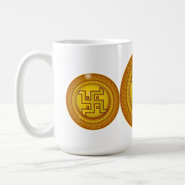 Golden Hindu Swastik Sticker Coffee Mug (Left)