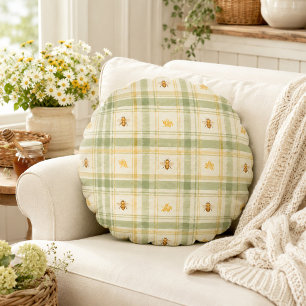 Golden Hive Meadow Sage Plaid Honeybee Round Pillow