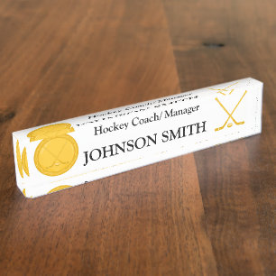 Golden Hockey Sticks and Puck Customized Nameplate