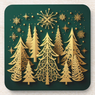 Golden Holiday Forest – Christmas Tree Pattern Coaster