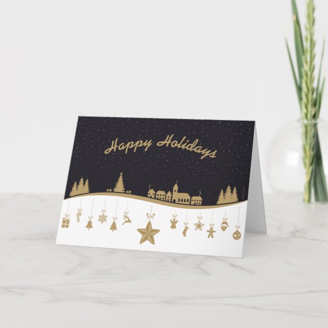 Golden Holiday Night Scene with Hanging Ornaments (Front)