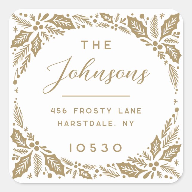 Golden Holly Berry Holiday Return Address Square Sticker (Front)