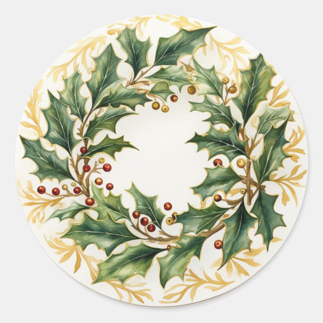 Golden Holly Leaves and Berries Classic Round Sticker (Front)
