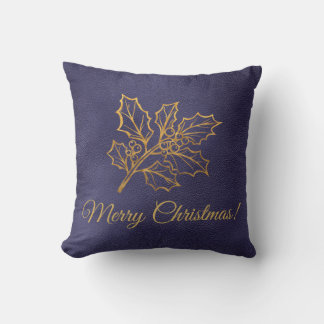 Golden Holly Leaves Merry Christmas Blue  Throw Pillow