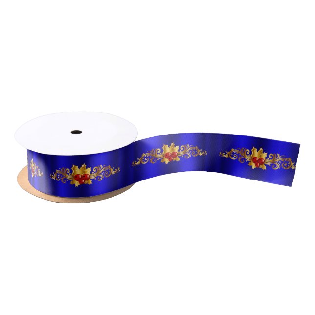 Golden Holly on Blue Christmas Satin Ribbon (Spool)
