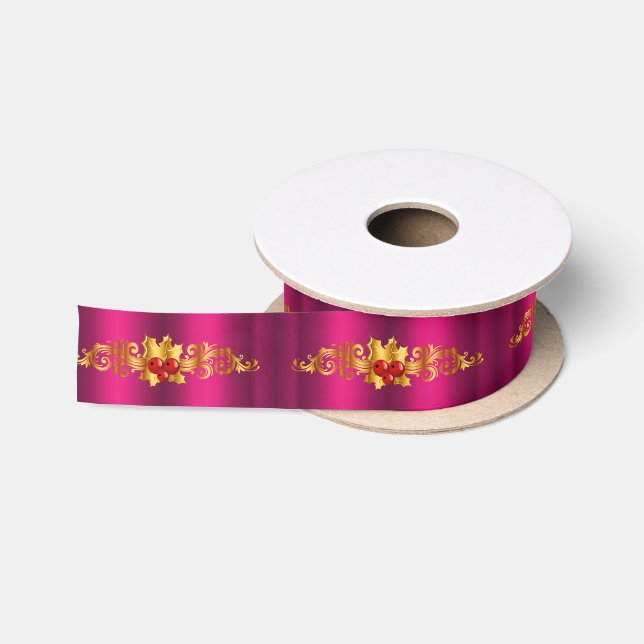 Golden Holly on Pink Christmas Satin Ribbon (Spool)
