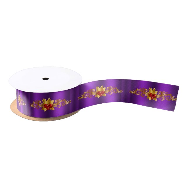 Golden Holly on Purple Christmas Satin Ribbon (Spool)