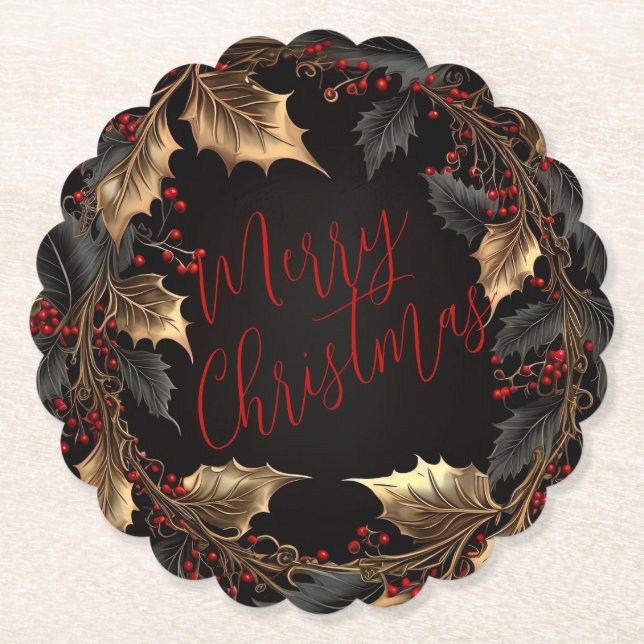 Golden Holly Wreath – Elegant Christmas Paper Coaster (Front)