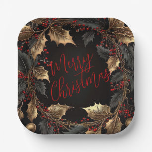 Golden Holly Wreath – Elegant Christmas Paper Plate
