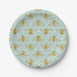 Golden Honey Bees on Teal Honeycomb Paper Plate