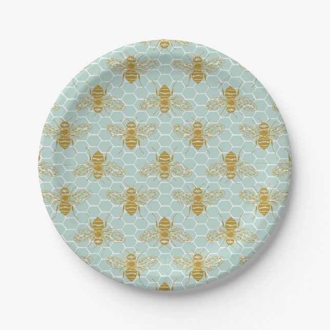 Golden Honey Bees on Teal Honeycomb Paper Plate (Front)
