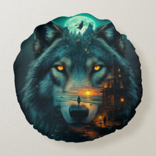 Golden Honey Wings & Wolf Round Pillow