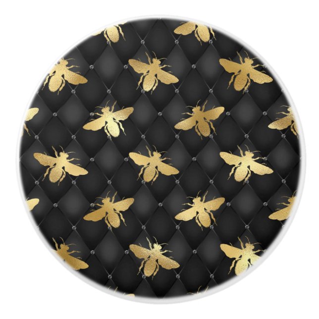 Golden honeybee on black background by pull/knob ceramic knob (Front)
