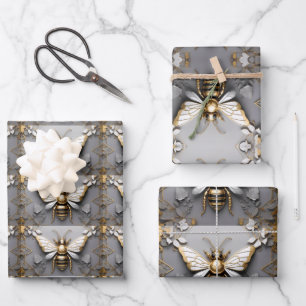 Golden Honeybee on Dark Floral Canvas Wrapping Paper Sheet